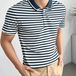 mack jonney Men's Striped Cotton Rich Collar Neck T Shirt | Collar Tshirts | Half Sleeves | Striped-Regular Fit-MM485-nw image 2