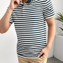mack jonney Men's Striped Cotton Rich Collar Neck T Shirt | Collar Tshirts | Half Sleeves | Striped-Regular Fit-MM485-nw image 5