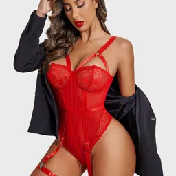 FIMBUL Lace and Mesh Strappy Babydoll Bodysuit with Garter Detailing image 3