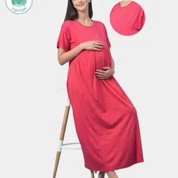 ECOMAMA Half Sleeves Organic Cotton & Bamboo Antimicrobial Dot Printed Maternity Nighty - Red-picture-23