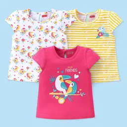 Babyhug Cotton Knit Cap Sleeves T-Shirts Toucan Bird Print Pack of 3 - Pink White & Yellow-picture-14