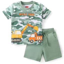 Babyhug Single Jersey Knit Half Sleeves Camouflage T-Shirt & Shorts Set With Vehicles Print - Green-picture-10