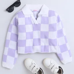 Taffykids Full Sleeves Checked Polo Crop Sweater - Lilac & White-image-31