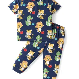 Babyhug Cotton Knit Half Sleeves Night Suit With Animals Print - Navy-picture-11