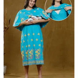True Shape Half Cape Sleeves Floral Printed Lace Embellished Maternity Poncho Gown With Nursing Access - Blue-picture-12