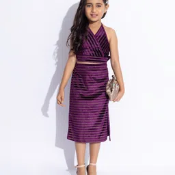 Taffykids Velvet Sleeveless Glitter Striped Crop Top & Skirt Set - Purple-image-20