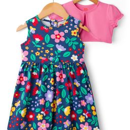 Babyhug Single Jersey Knit Frock & Half Sleeves Shrug With Floral Print & Bow Applique - Navy Blue & Pink-picture-39