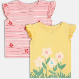 MINI KLUB Cotton Knit Pack Of 2 Frill Sleeves Floral Printed Tops - Pink & Yellow-image-6