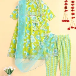 The Magic Wand Cotton Woven Three Fourth Sleeves Floral Printed & Gota Lace Embellished Kurti & Pant With Dupatta Set - Green-picture-26