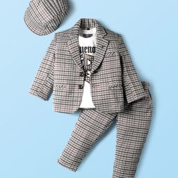 Dapper Dudes Full Sleeves Houndstooth Printed Blazer With Tee Pant & Cap Set - Black-picture-35
