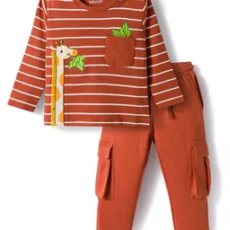 Babyoye 100% Cotton with Eco Jiva Finish Full Sleeves Striped T-Shirt & Pant Set with Giraffe & Leaf Patch - Brown-image-84
