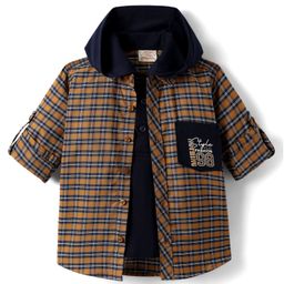 Rikidoos Full Sleeves Checked Shirt With Attached Solid Hooded Tee - Brown & Navy Blue-picture-46
