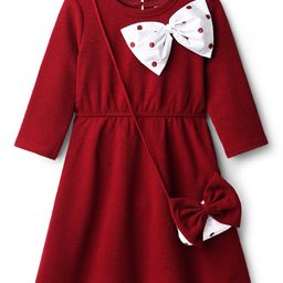 Hola Bonita Knit Full Sleeves Textured Fabric Solid Dress with Bow Applique & Sling Bag - Maroon-picture-3