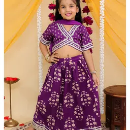 AJ Dezines Cotton Woven Sleeveless Floral Printed Gota Lace Embellished Coordinating Lehenga Choli With Dupatta Set - Purple-picture-28