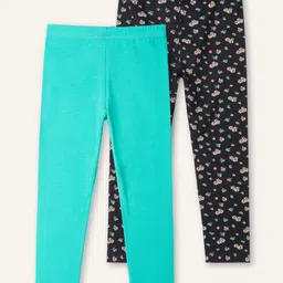 Ariel Cotton Knit Pack Of 2 Solid & Floral Printed Leggings - Black & Turquoise Blue-picture-24