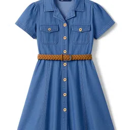 Pine Kids Cotton Woven Half Sleeves Solid Shirt Dress With Belt - Blue-picture-14