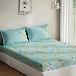 d'decor DDecor BlueYellow Floral 140 TC Cotton Queen Bedsheet With 2 Pillow Covers image 2