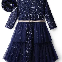 Hola Bonita Knit Full Sleeves Glitter Mesh Party Dress With Sequin Detailing & Belt - Navy Blue image 2