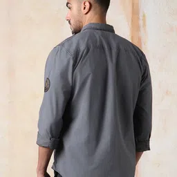 High Star Men Regular Fit Utility Heavy Washed Spread Collar Solid Cotton Casual Shirt image 2