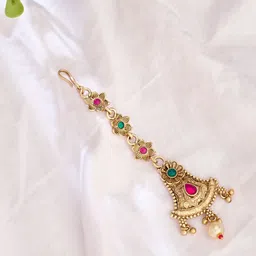 ATIBELLE Gold-Plated Artificial Stones Studded And Beaded Maang Tikka-picture-11