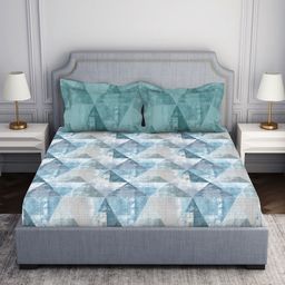 SPACES Grey & Blue Geometric Cotton 144 TC Queen Bedsheet with 2 Pillow Covers-picture-3