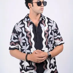 Eszett Men Modern Fit Floral Printed Spread Collar Cotton Casual Shirt-image-50