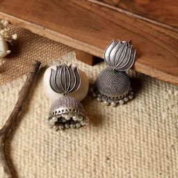 Teejh Ethnic Sadika Lotus Silver Oxidized Jhumki Earrings-picture-9