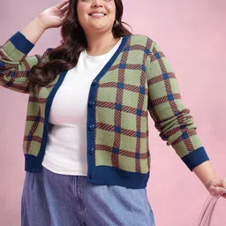 DressBerry Curve Checked V-Neck Cardigan-image-3