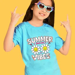 NUSYL Girls Summer Vibes Printed Round Neck Short Sleeves Oversized T-shirt-image-82