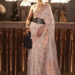 Elora Baby Pink Linen Woven Saree With Unstitched Blouse-image-86