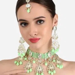 Zaveri Pearls Green Bridal Kundan Necklace, Earring, Maangtikka & Ring Set-ZPFK12222-picture-26