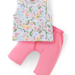 Babyhug Cotton Woven Sleeveless Vest & Pajama Set Floral Print - Pink-picture-37