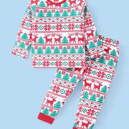 Babyhug Cotton Knit Full Sleeves Night Suit With Christmas Theme Print - Red & Green-picture-16