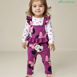 Babyoye Disney Single Jersey Knit Dungaree & Full Sleeves Top With Minnie Mouse Graphics - Purple & White-picture-24