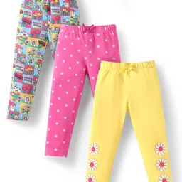 Babyhug Single Jersey Knit Full Length Floral and Polka Dot Printed Leggings Pack Of 3 - Pink Yellow Blue-image-90