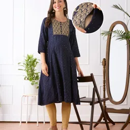 Bella Mama Woven Three Fourth Sleeves Embroidered Maternity Kurta with Pocket - Navy Blue-picture-23