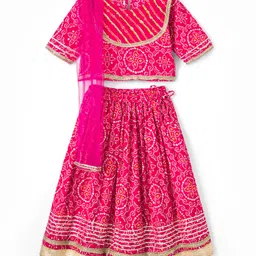 Teentaare Cotton Woven Half Sleeves Motif Printed Choli Lehenga Set with Dupatta & Lace Detailing - Dark Pink-image-78