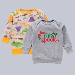 Kadam Baby Halloween Theme Cotton Knit Pack Of 2 Full Sleeves Too Cute To Spook Text Printed Light Winter Sweatshirt - Multi Colour & Grey-picture-25