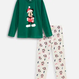 Nap Chief Pure Cotton Knit Disney Mickey Mouse & Friends Featuring Full Sleeves Minnie Mouse Printed Night Suit Set - Green-picture-16