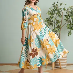 FASHOR Women Tropical Print Puff Sleeve A-Line Midi Dress image 4