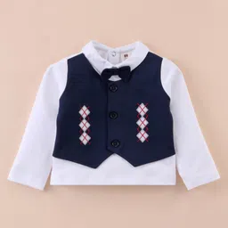 ToffyHouse 100% Cotton Woven Full Sleeves Printed T-Shirt & Bottom Set with Bow - White & Navy Blue image 2