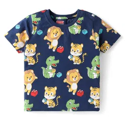 Babyhug Cotton Knit Half Sleeves Night Suit With Animals Print - Navy image 2