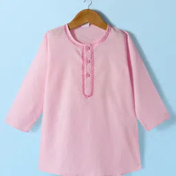 Babyhug Cambric Full Sleeves Solid Color Kurta Dhoti Set - Pink image 2