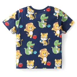 Babyhug Cotton Knit Half Sleeves Night Suit With Animals Print - Navy image 3