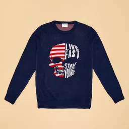 Pantaloons Junior Full Sleeves Live Fast Text Printed Sweater - Navy Blue image 3