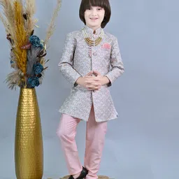 Ahhaaaa Jacquard Full Sleeves Floral Foil Printed Indo Western Sherwani & Pant Set - Pink image 4