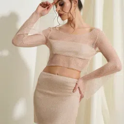 PRIZO Beige Lace Top With Skirt-picture-29