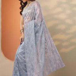 Libas Blue Embroidered Saree With Unstitched Blouse image 3