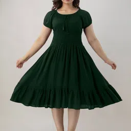 PEARL VISION Women Round Neck Puff Sleeve Smokd Fit and Flare Midi Dress-image-50