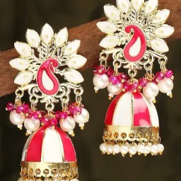 Oomph Rani Pink Meenakari Pearls Peacock Jhumki Earrings-picture-31